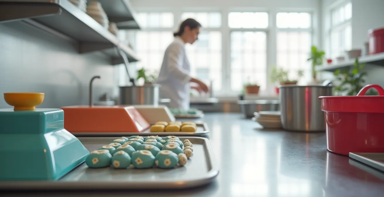 Wide shot of a pristine chocolate workshop with separate preparation areas and clear organization