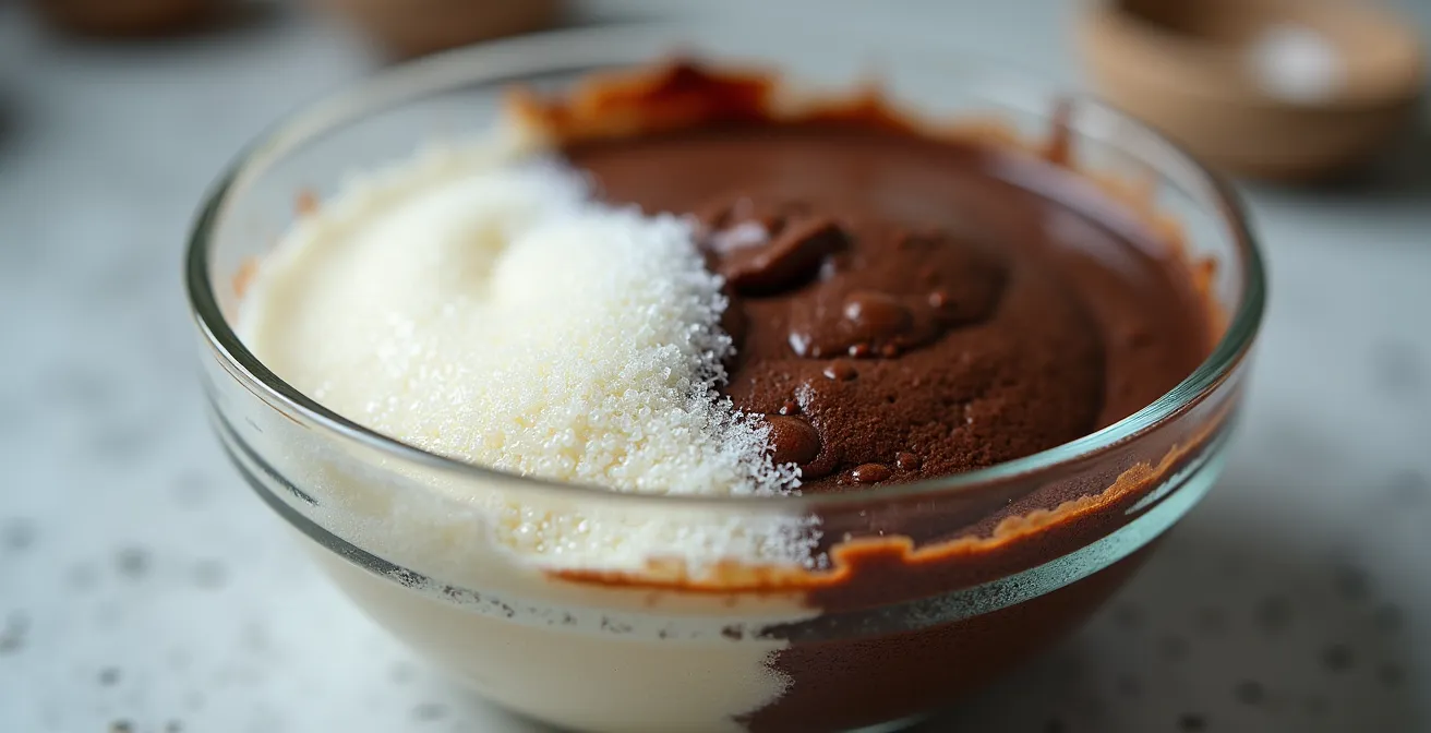 Close-up macro shot of whipped aquafaba foam texture alongside chocolate brownie batter