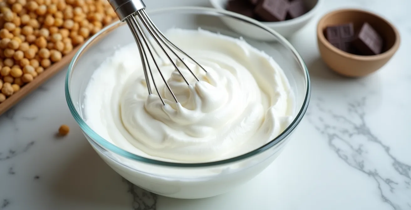 Whipped aquafaba creating glossy meringue-like peaks for vegan brownie batter