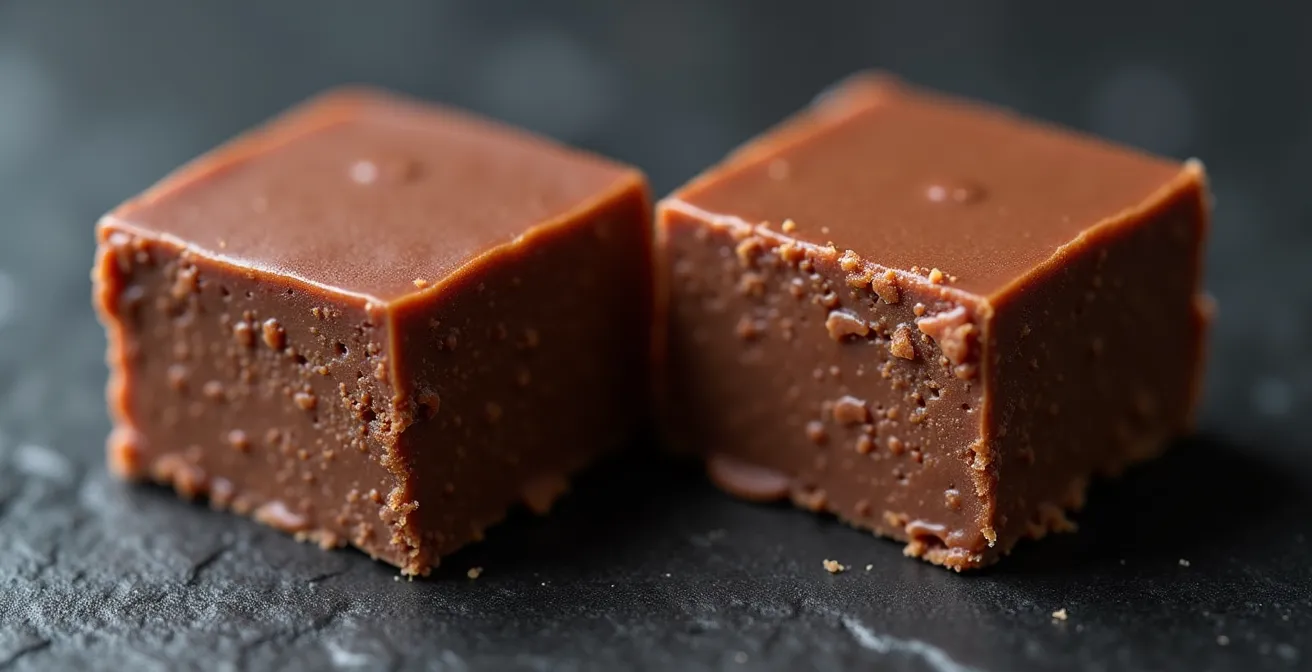 Macro shot of chocolate fudge showing texture differences between avocado and butter versions