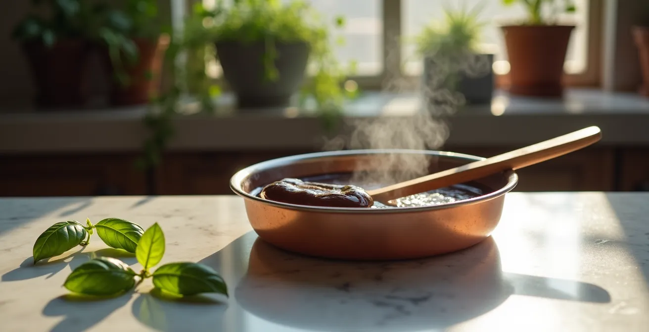 Wide shot of chocolate ganache preparation with fresh basil in rustic kitchen setting