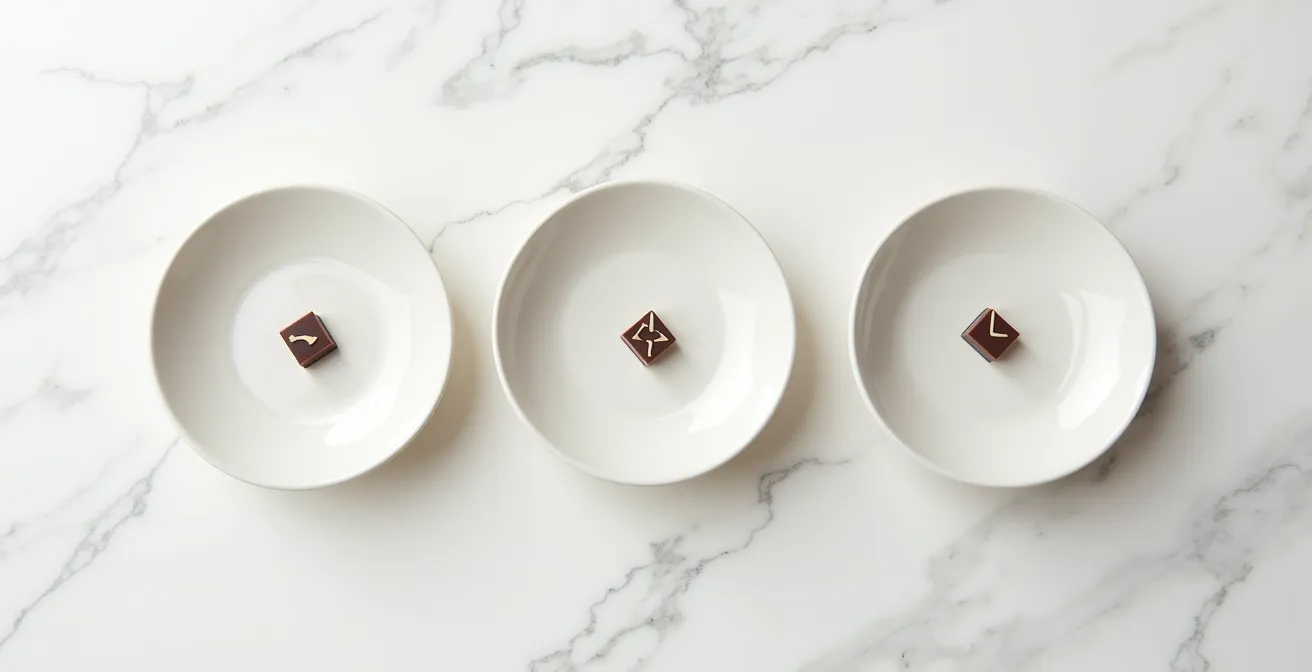 Anonymous numbered samples of chocolate ganache arranged for blind tasting on neutral plates