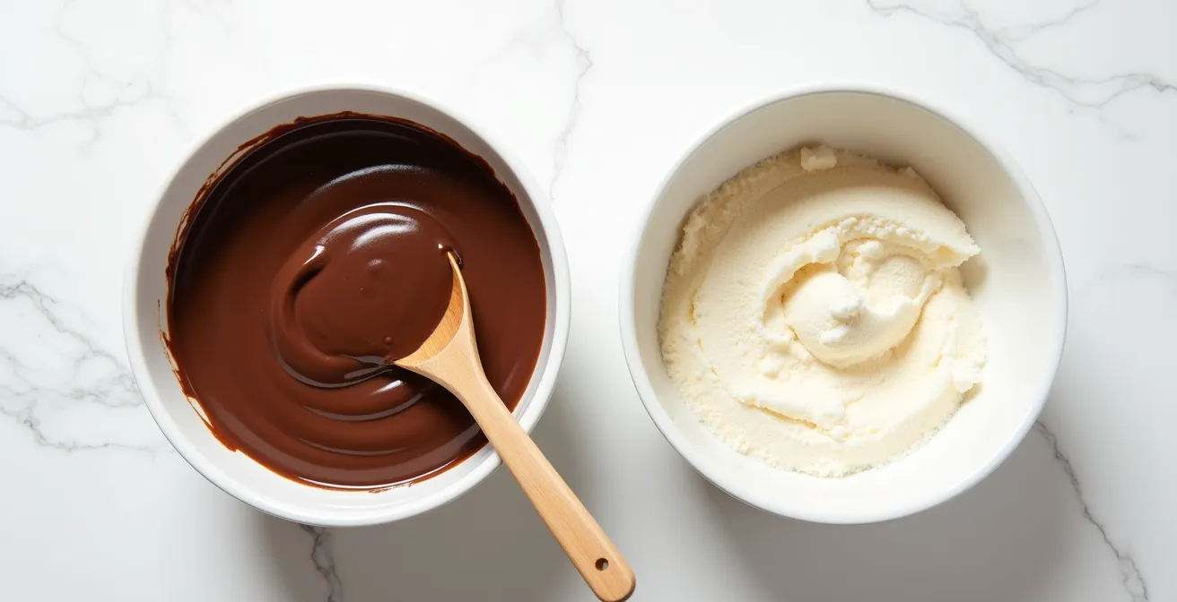 Split view comparing properly mixed dense cheesecake batter with over-aerated foamy batter