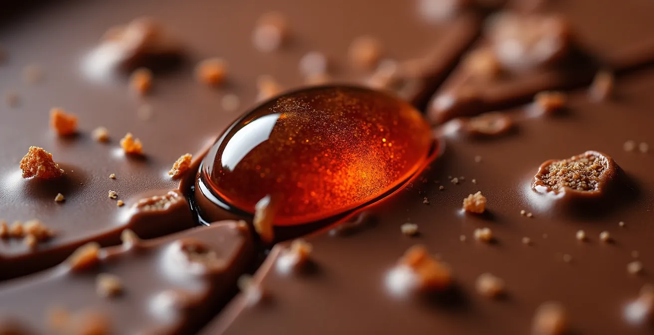 Extreme close-up of chili-infused chocolate surface showing capsaicin oil droplets