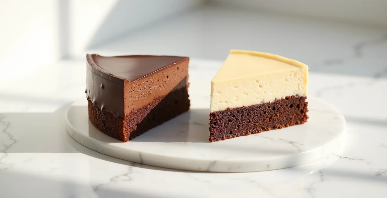 Cross-section of two cheesecake slices, one dense from cocoa powder, the other fudgy from melted chocolate.