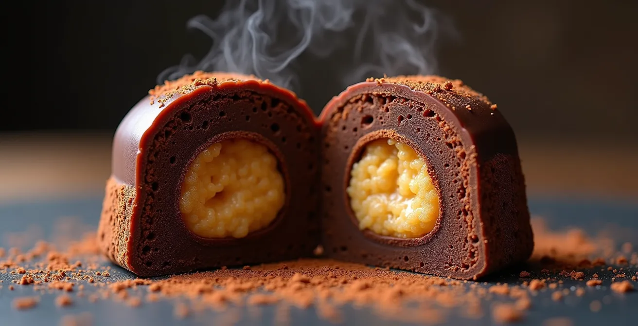 Cross-section of chocolate fondant revealing golden crispy feuilletine core