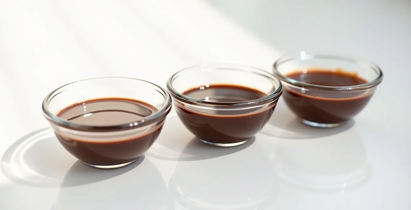 Visual comparison of chocolate glaze consistency at different temperatures