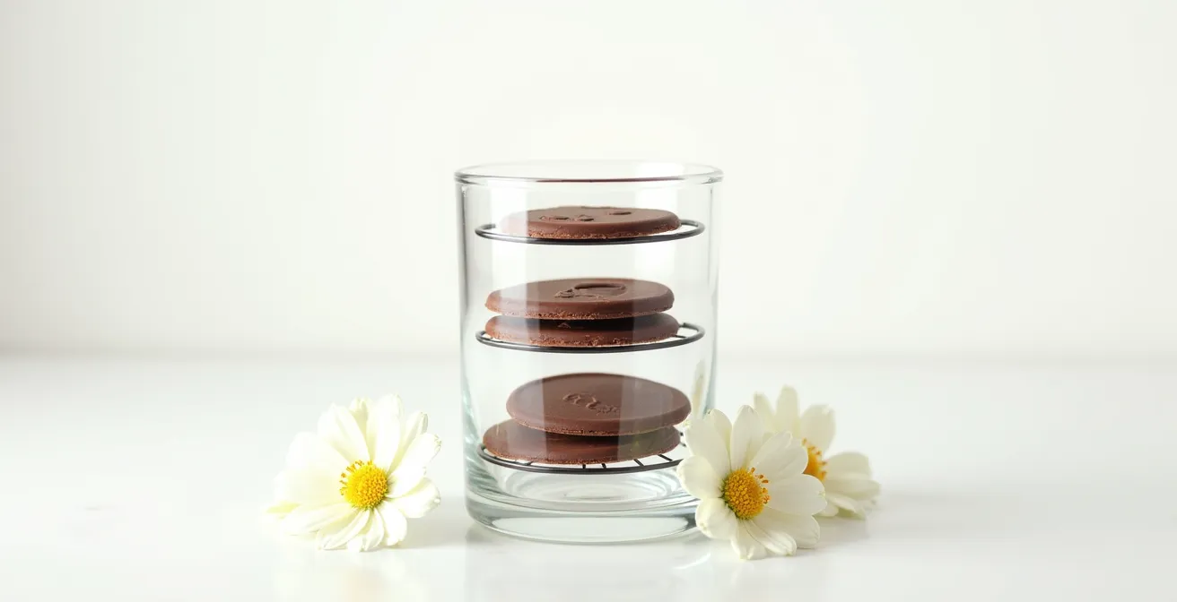 Layered chocolate wafers and jasmine flowers in glass container