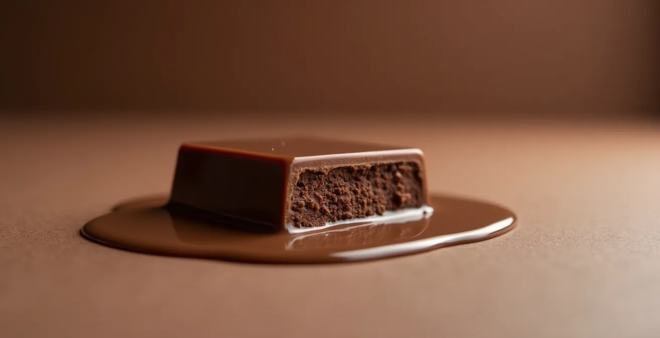 Extreme close-up of chocolate square melting showing glossy texture transformation