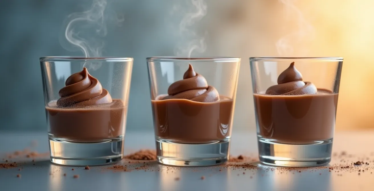 Three chocolate mousses showing temperature progression from cold to room temperature