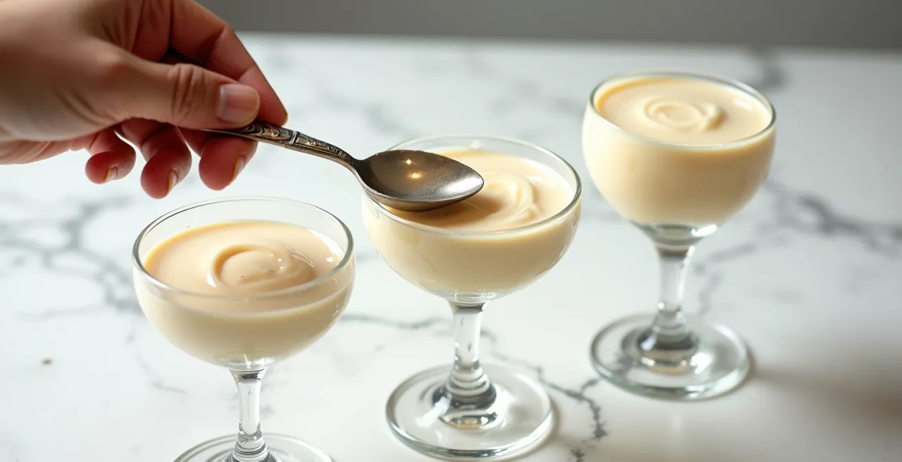 Three small glass bowls showing different mousse textures from varying chocolate percentages