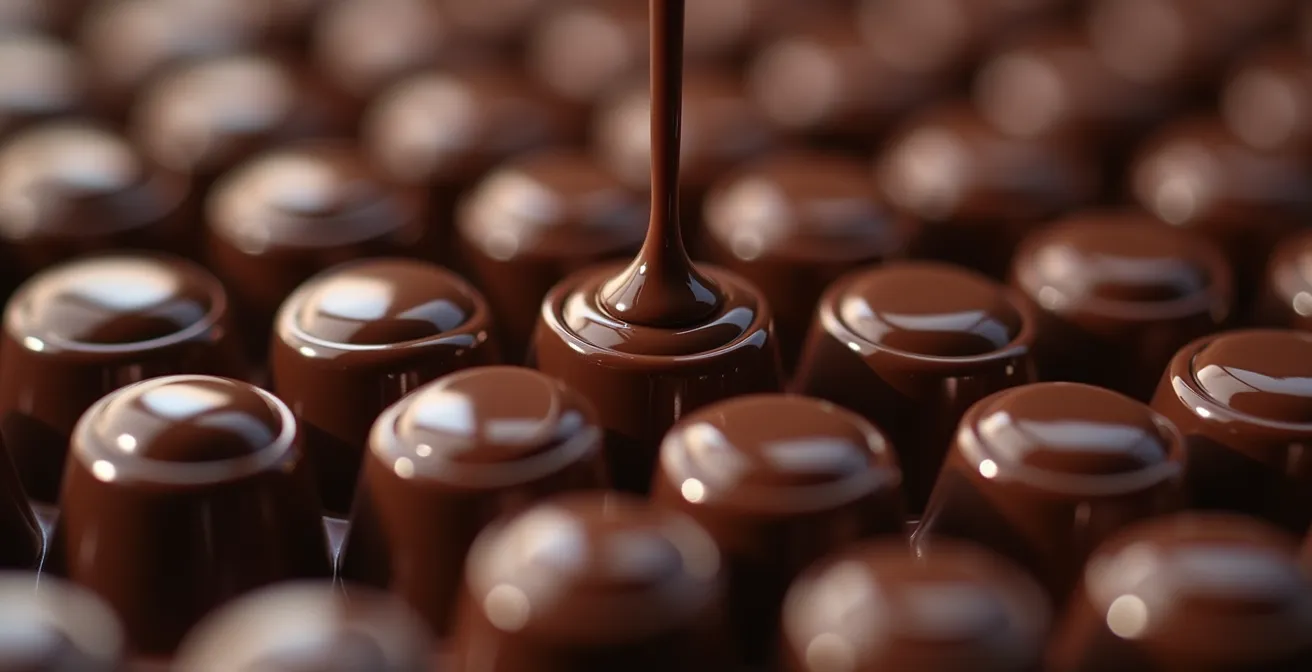 Extreme close-up of glossy tempered chocolate being poured into professional bonbon molds