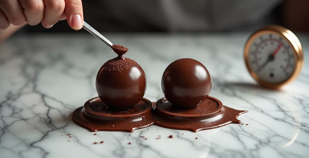 Two chocolate hemisphere molds showing tempering technique
