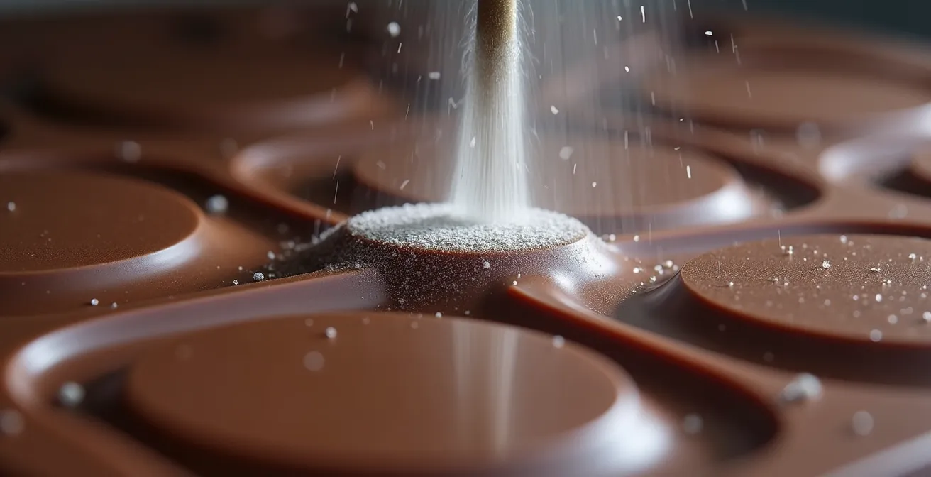 Close-up of chocolate spray application technique showing proper distance and angle