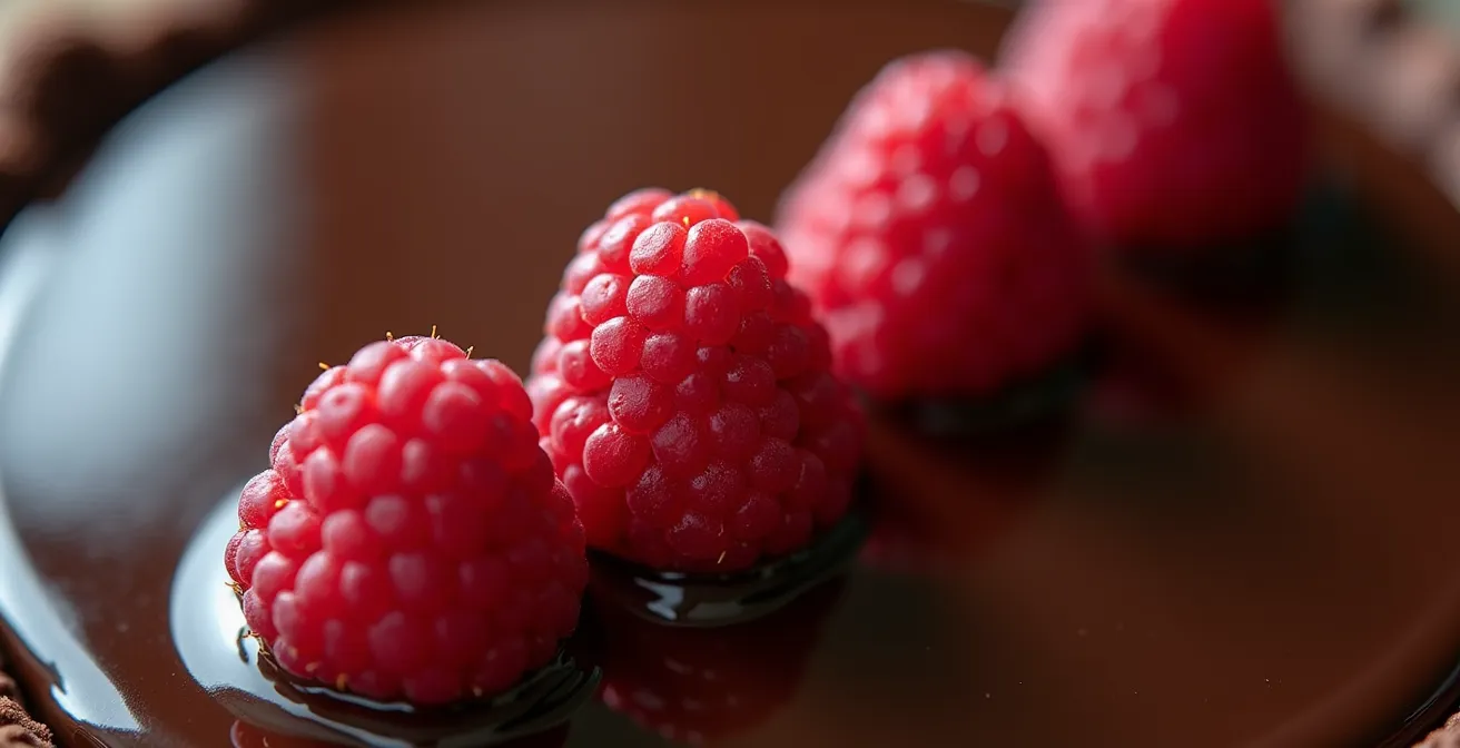 Chocolate tart with three raspberries arranged in triangular composition
