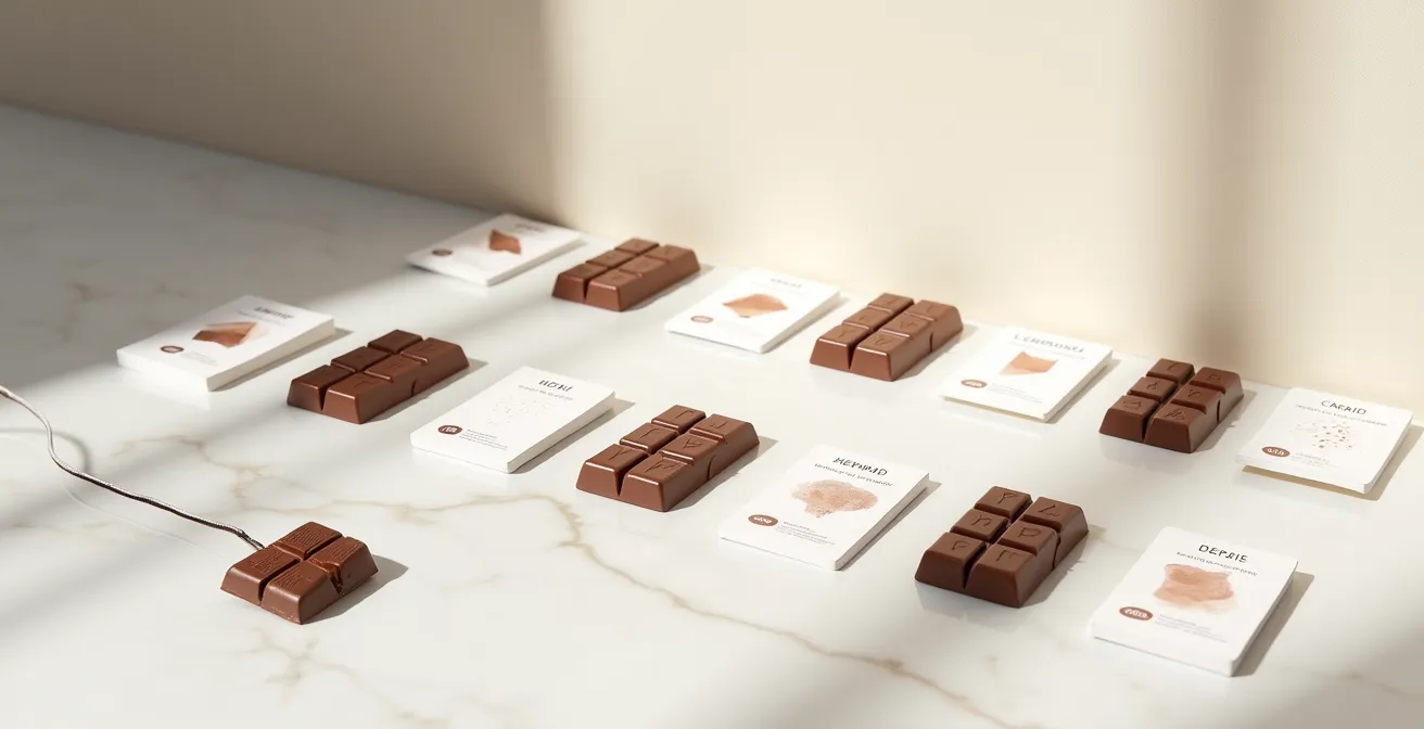 Elegant tasting cards arranged with chocolate bars in minimalist setting