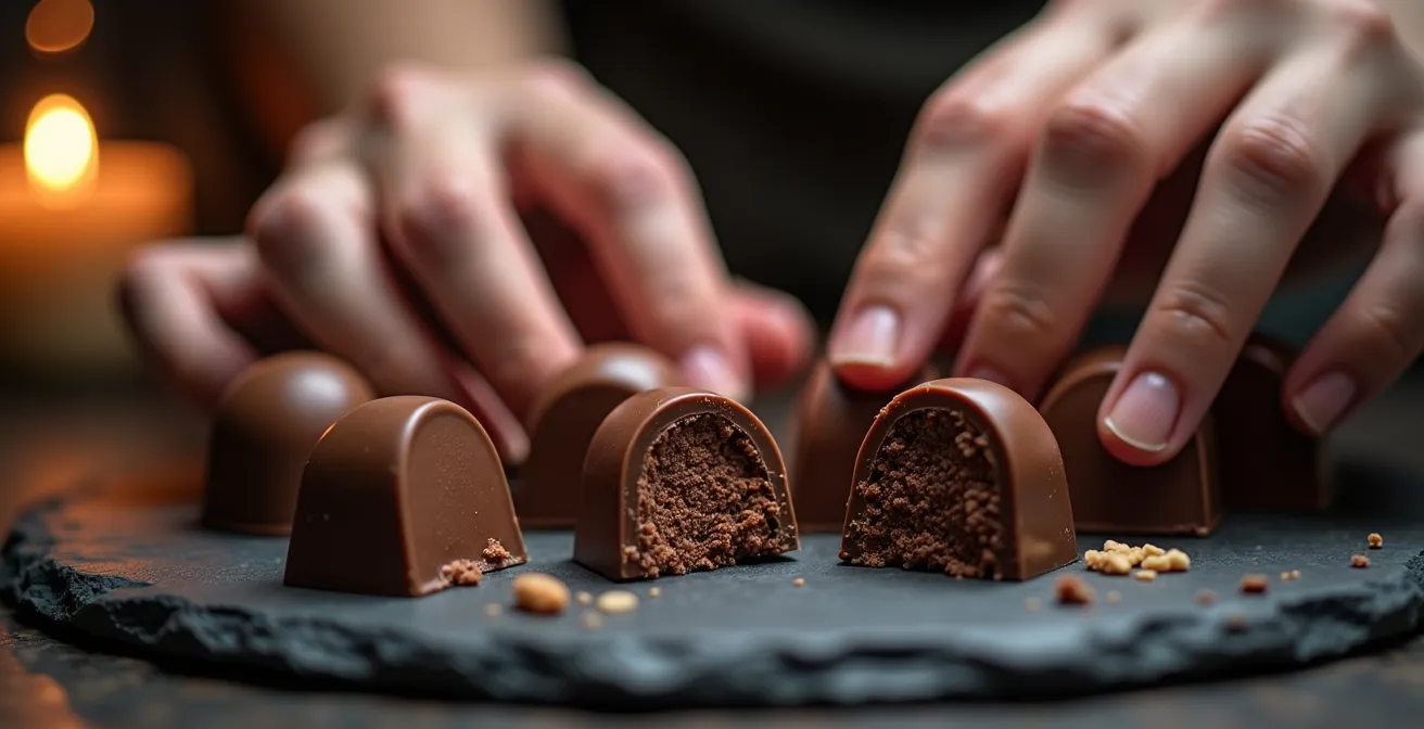 Hands exploring different chocolate textures during blind tasting