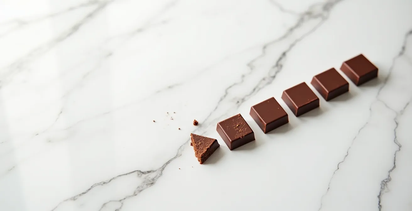 Five chocolate squares arranged in gradient from light to dark showing tasting order