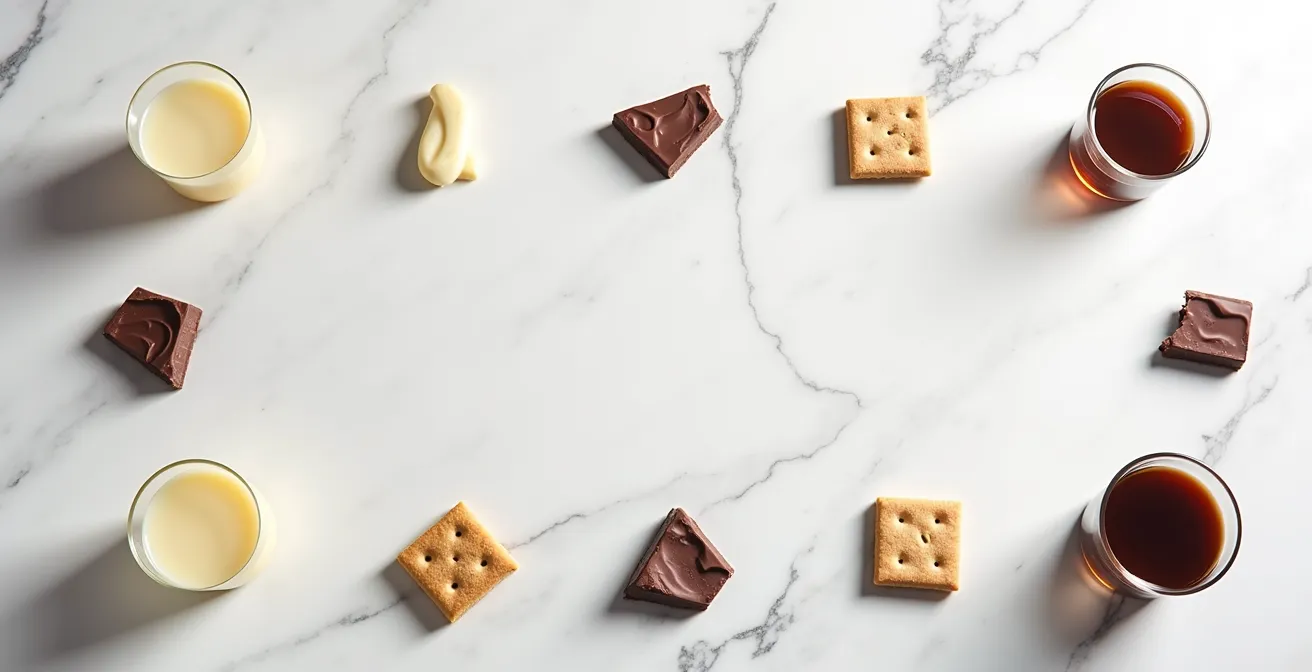 Overhead view of chocolate tasting setup with various samples arranged on white surface