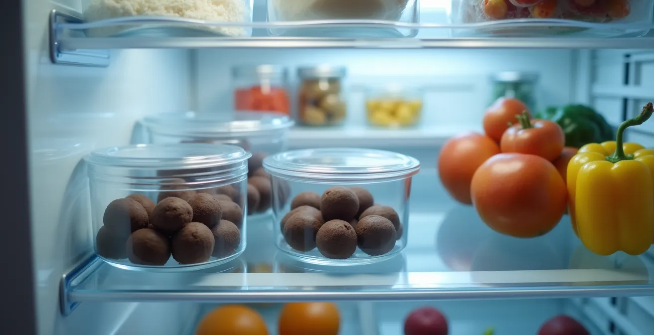 A clean, organized refrigerator showing chocolate truffles stored in a sealed glass container on a dedicated shelf.
