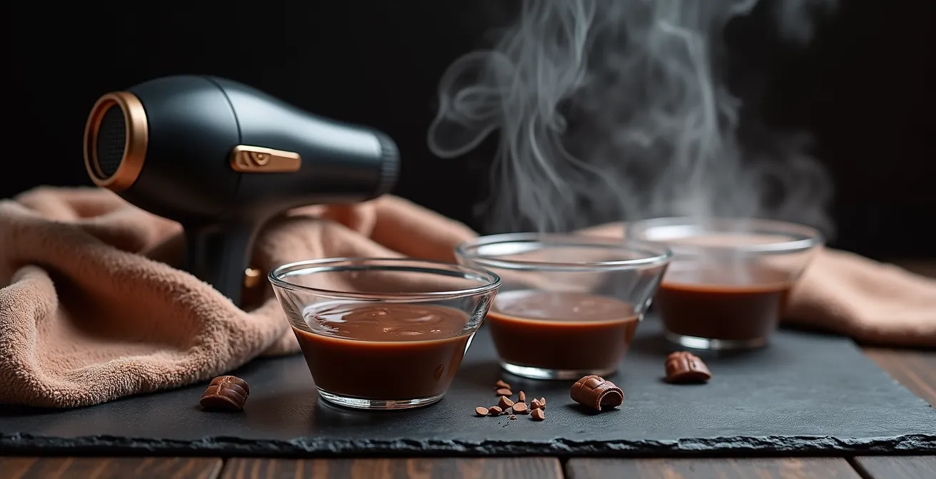 Professional setup showing various methods to maintain chocolate at working temperature