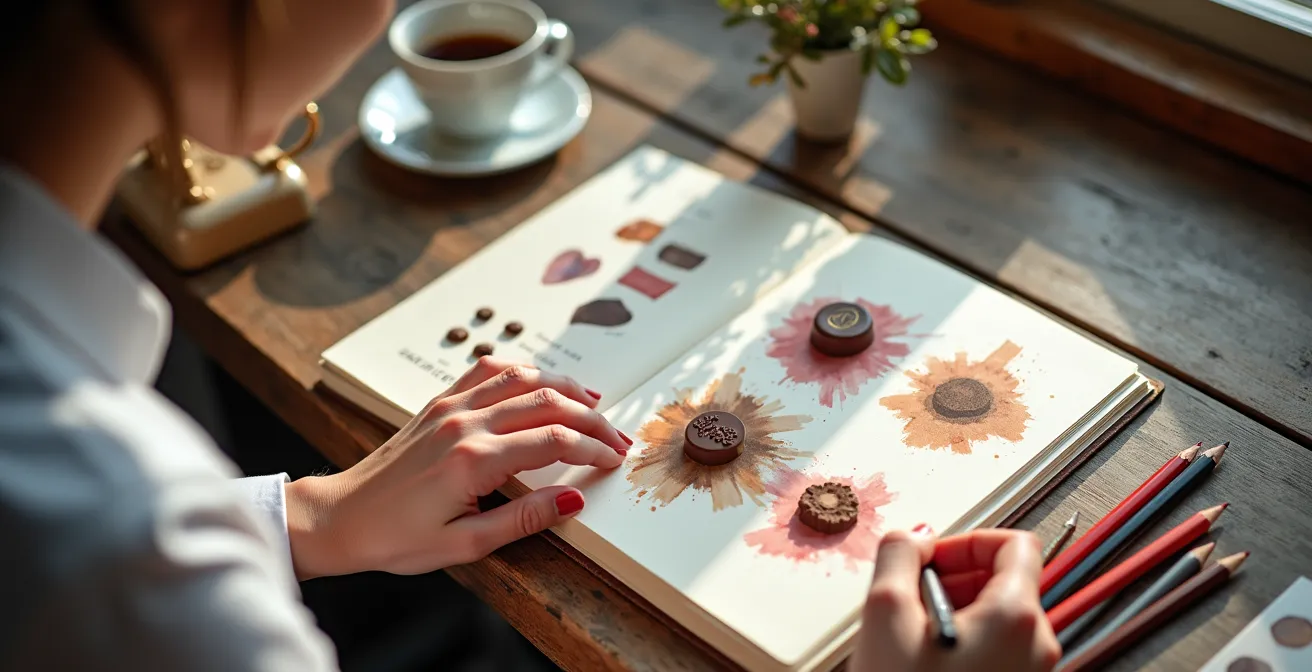 Overhead view of designer sketching chocolate bonbon collection plans