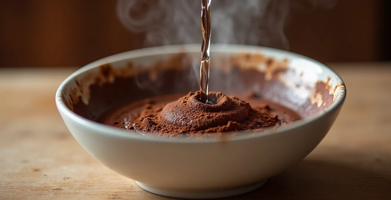 Macro shot of cocoa powder being mixed with steaming hot water showing texture transformation