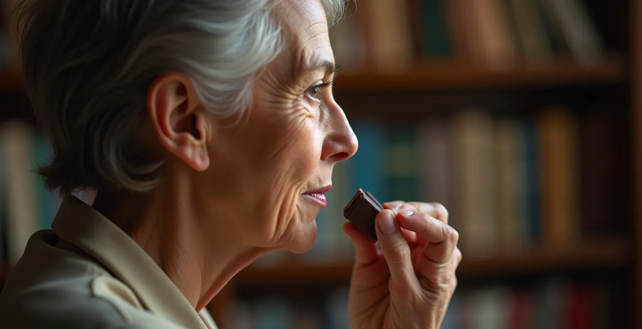 Human profile with visible brain network illuminated, holding dark chocolate square