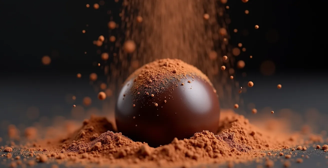 Extreme close-up of cocoa powder particles coating the surface of a dark chocolate truffle.