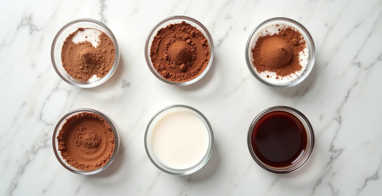 Wide angle shot of cocoa powder being mixed with various liquids in glass bowls on marble surface