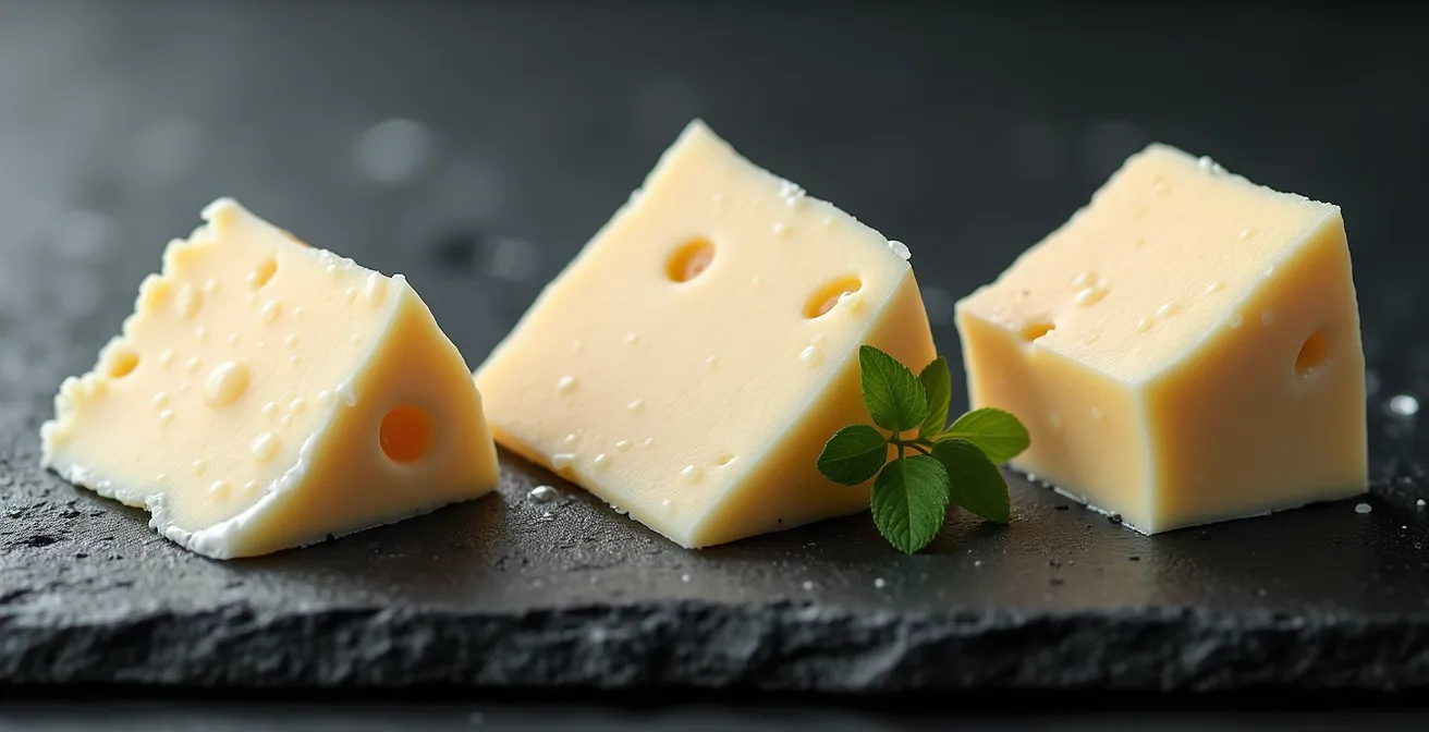 Microscopic comparison showing dense fat distribution in full-fat cream cheese versus watery separation in a low-fat version.