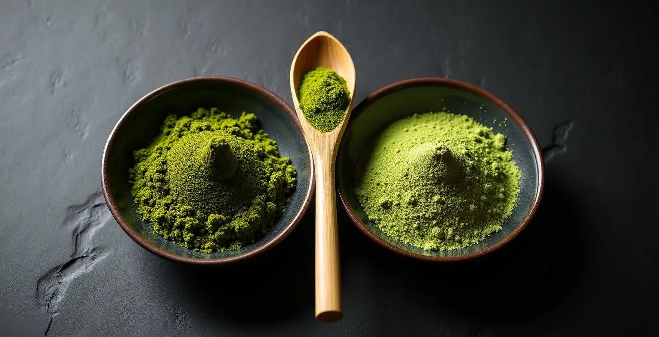 Side-by-side comparison of culinary and ceremonial grade matcha powders