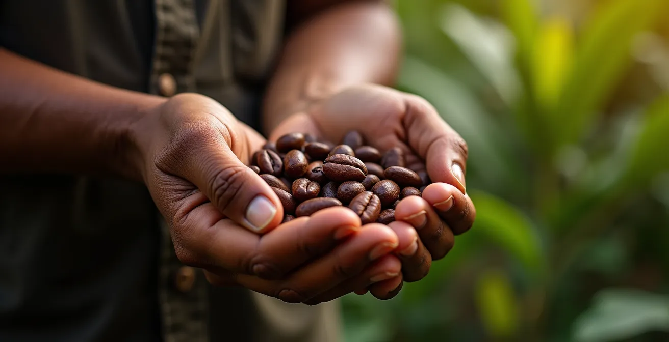 Hands exchanging cocoa beans representing direct trade relationship
