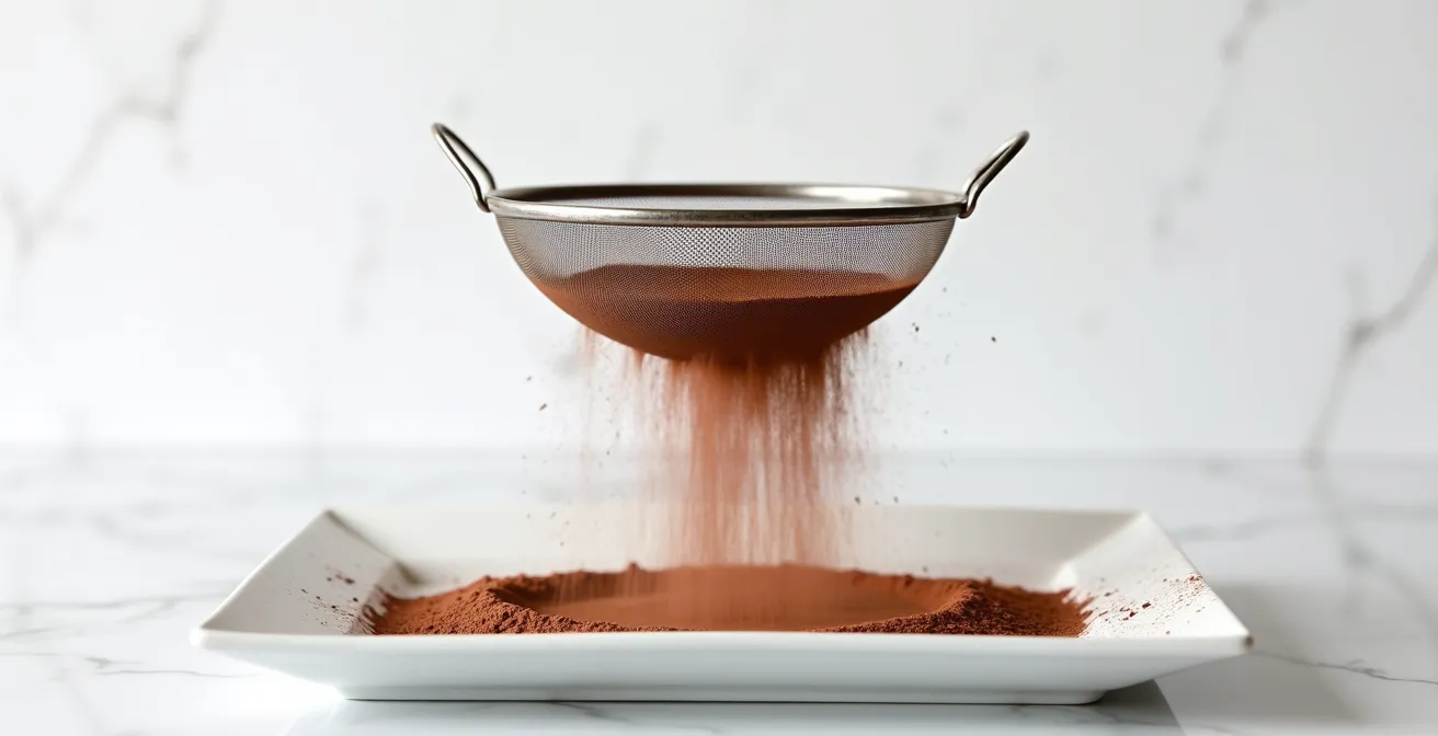 Professional fine mesh sieve dusting cocoa powder over dessert surface showing particle distribution