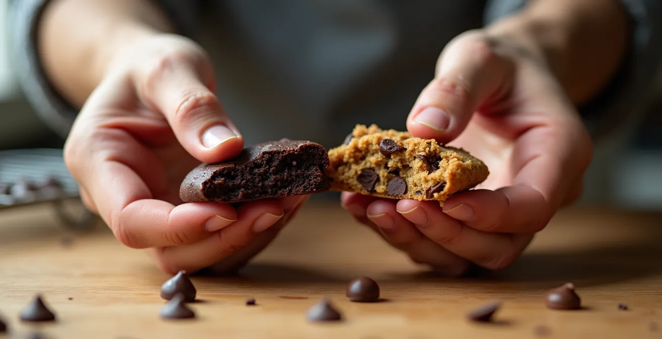 Split view of chocolate cookies showing texture differences between flax and chia eggs