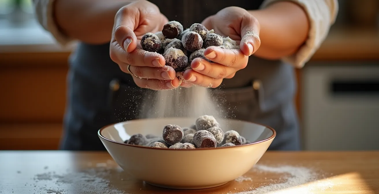 Chocolate chunks being dusted with flour in a mixing bowl