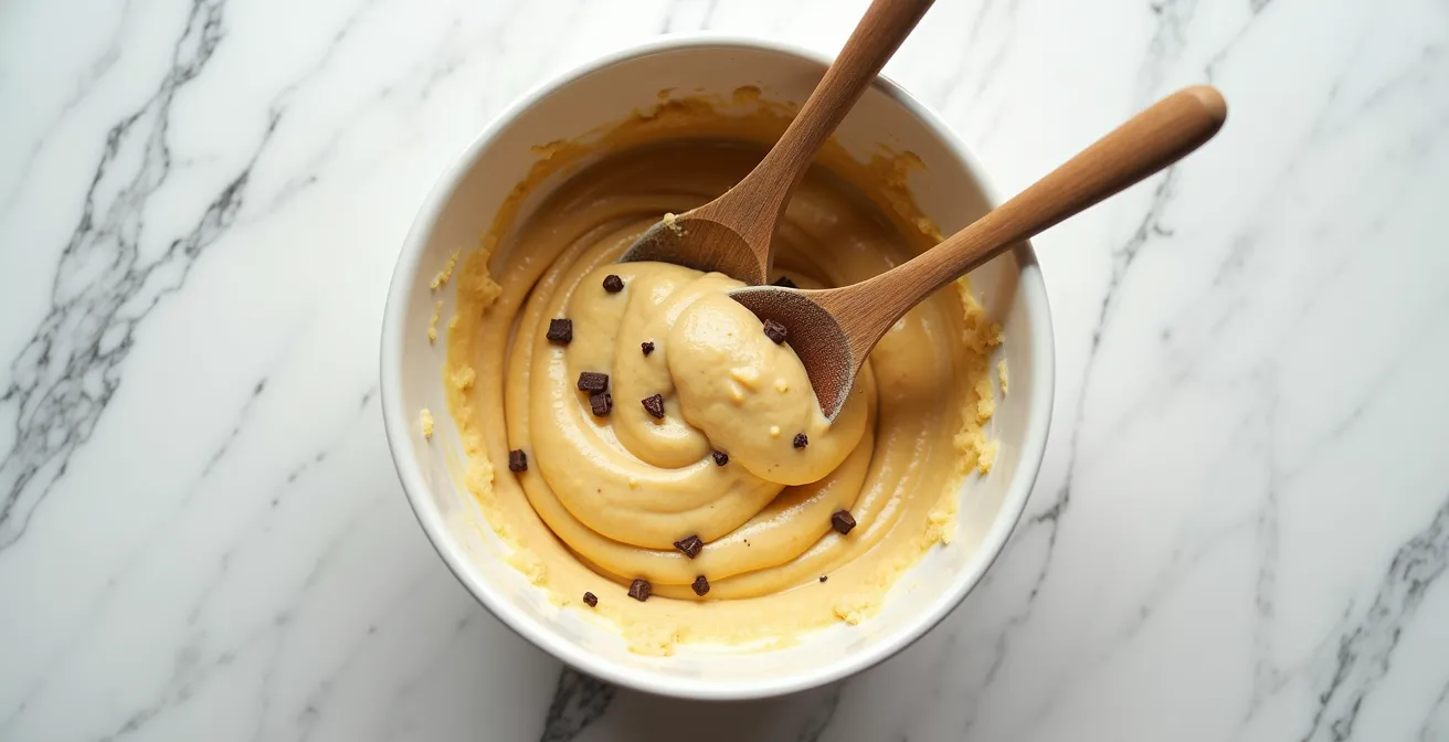 Hands folding chocolate chunks into thick muffin batter with a spatula