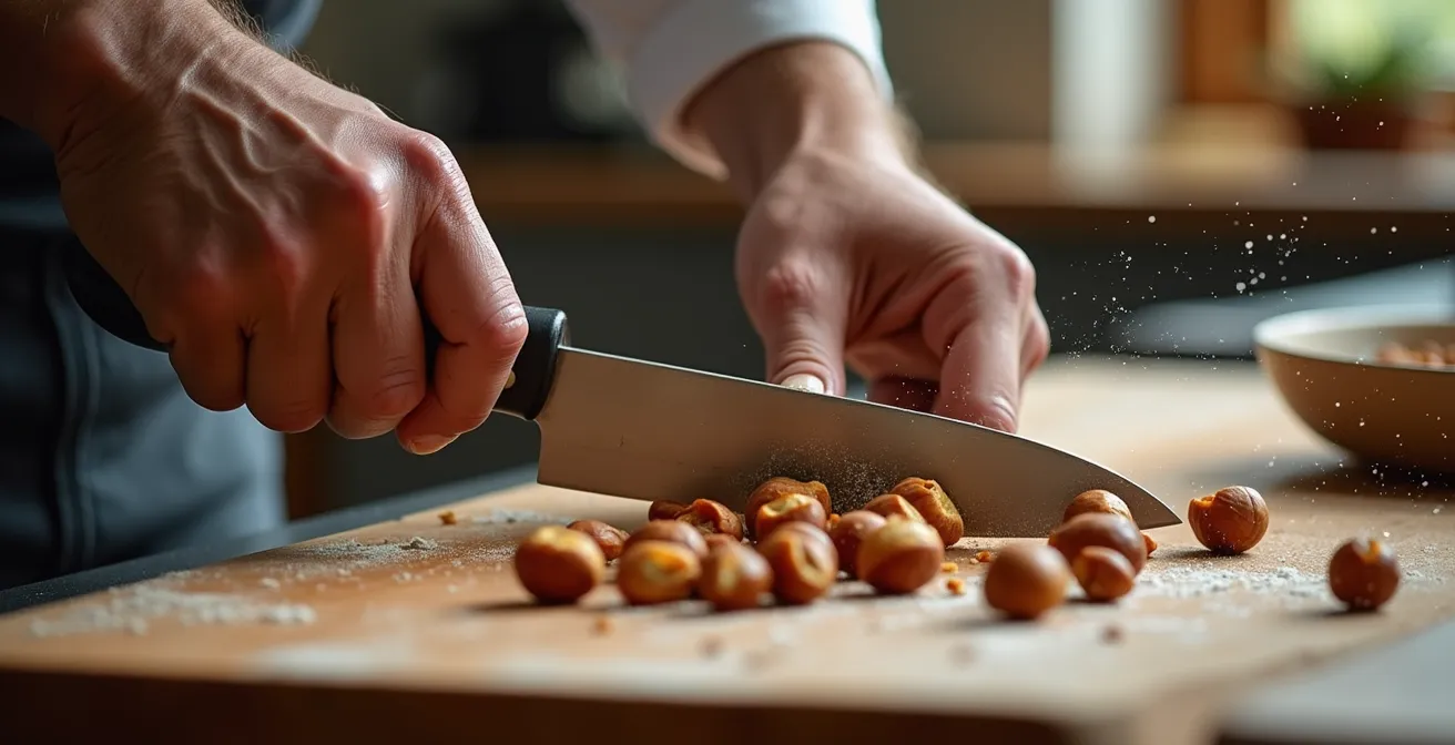 Side-by-side comparison of chopped hazelnuts showing texture differences