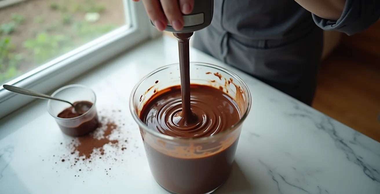 Professional technique showing proper angle of immersion blender in chocolate glaze
