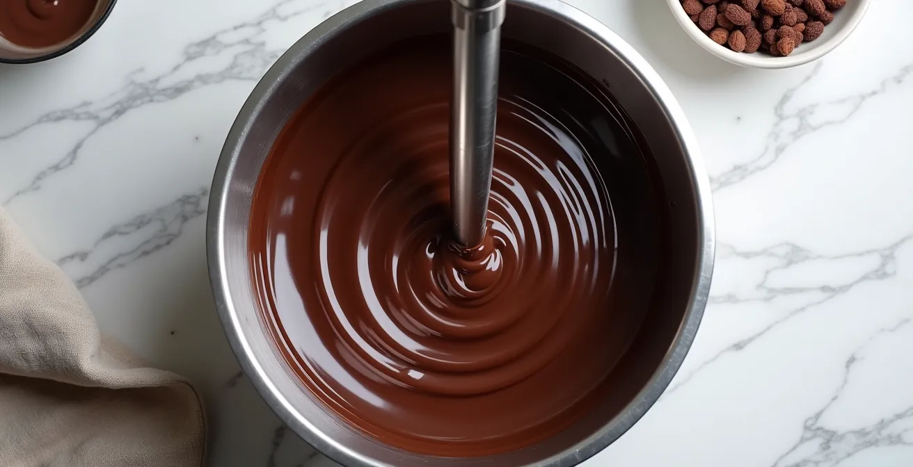 Immersion blender creating smooth vortex in chocolate ganache