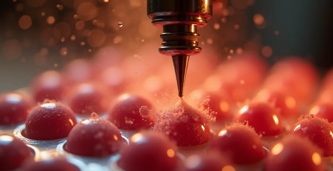 Close-up of colored cocoa butter being sprayed onto chocolate mold