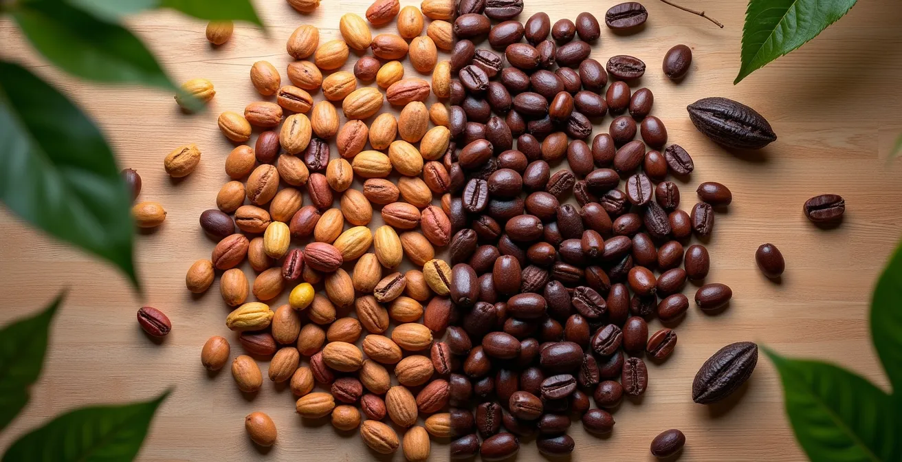 Side-by-side comparison of Madagascan and Ghanaian cocoa beans showing color and texture differences.