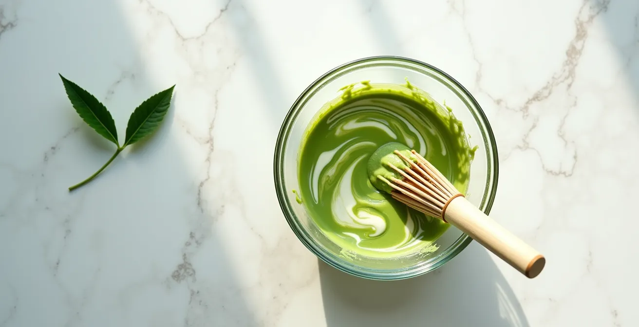 Swirled pattern of green matcha and white chocolate ganache in a glass bowl