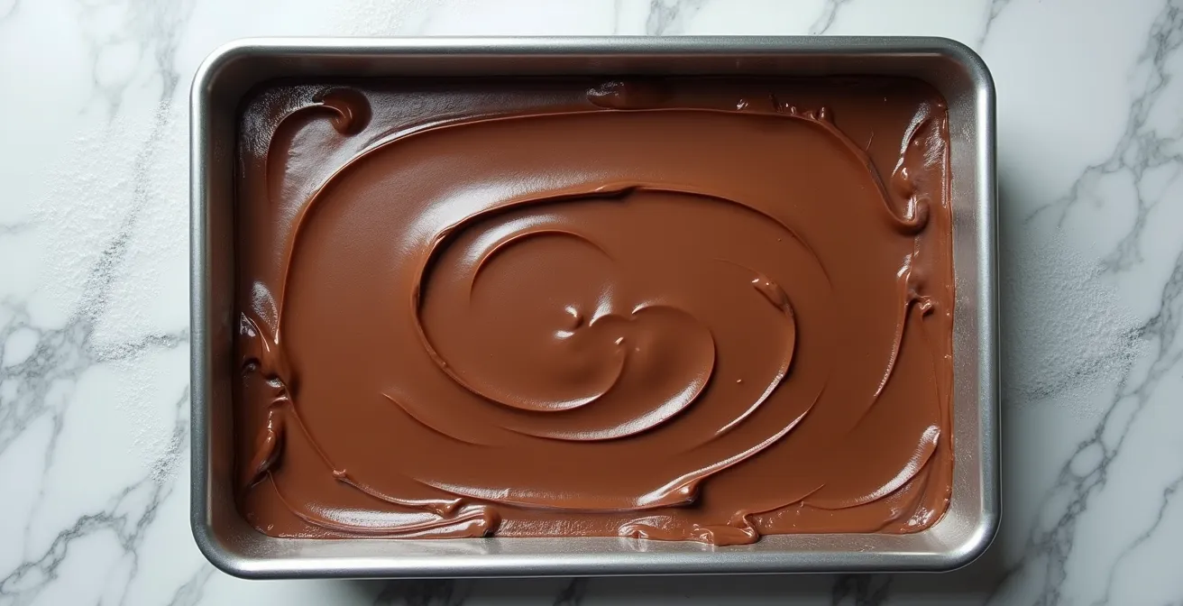 Wide shallow metal tray with chocolate mousse spread thin for rapid cooling
