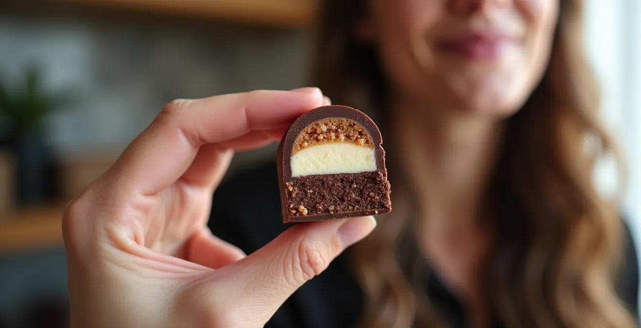 Array of bite-sized chocolate pastries with visible texture layers and garnishes