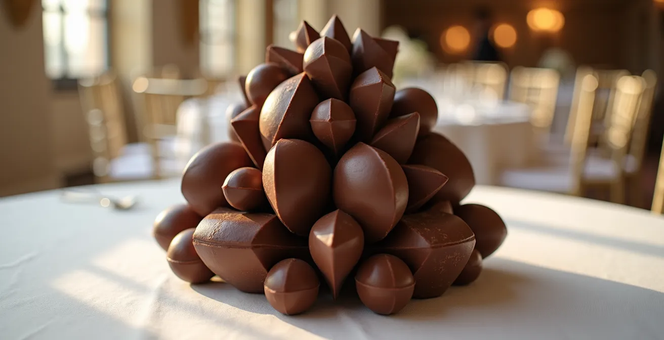 Elegant modular chocolate sculpture with individual servings assembled