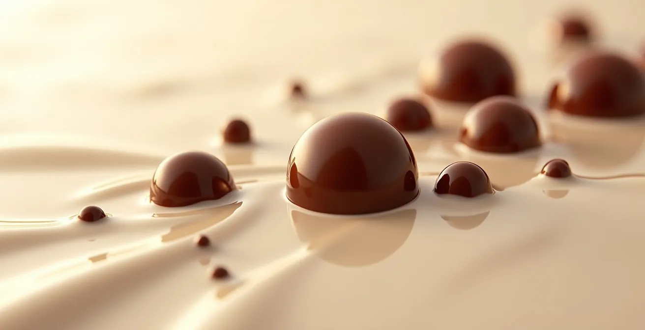 Abstract visualization of chocolate fat droplets suspended in cream showing emulsion structure