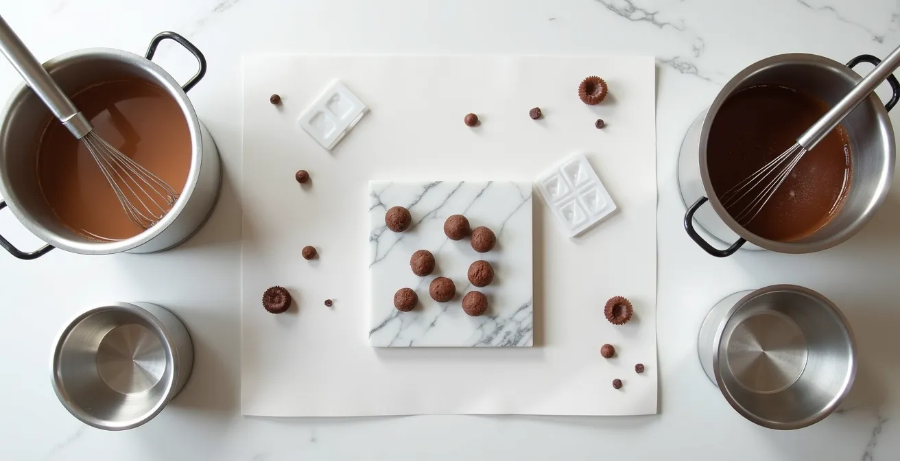 Aerial view of organized kitchen counter with designated chocolate making zones