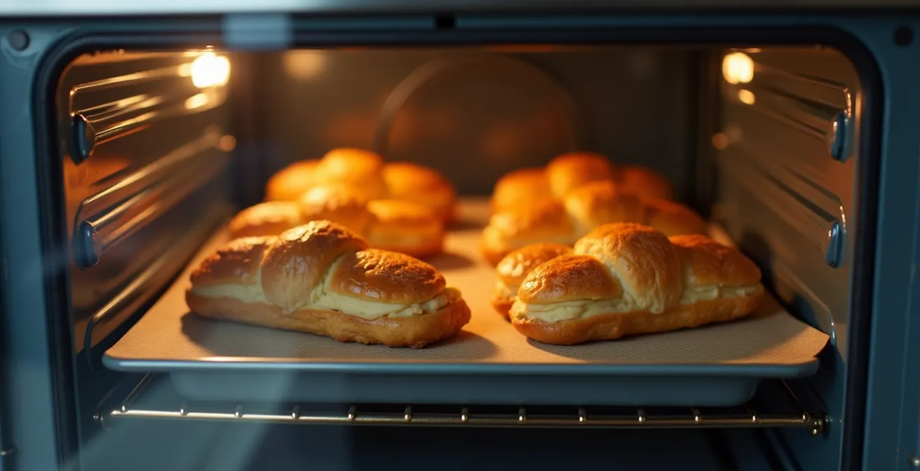 View through oven window showing golden eclairs puffing up during baking