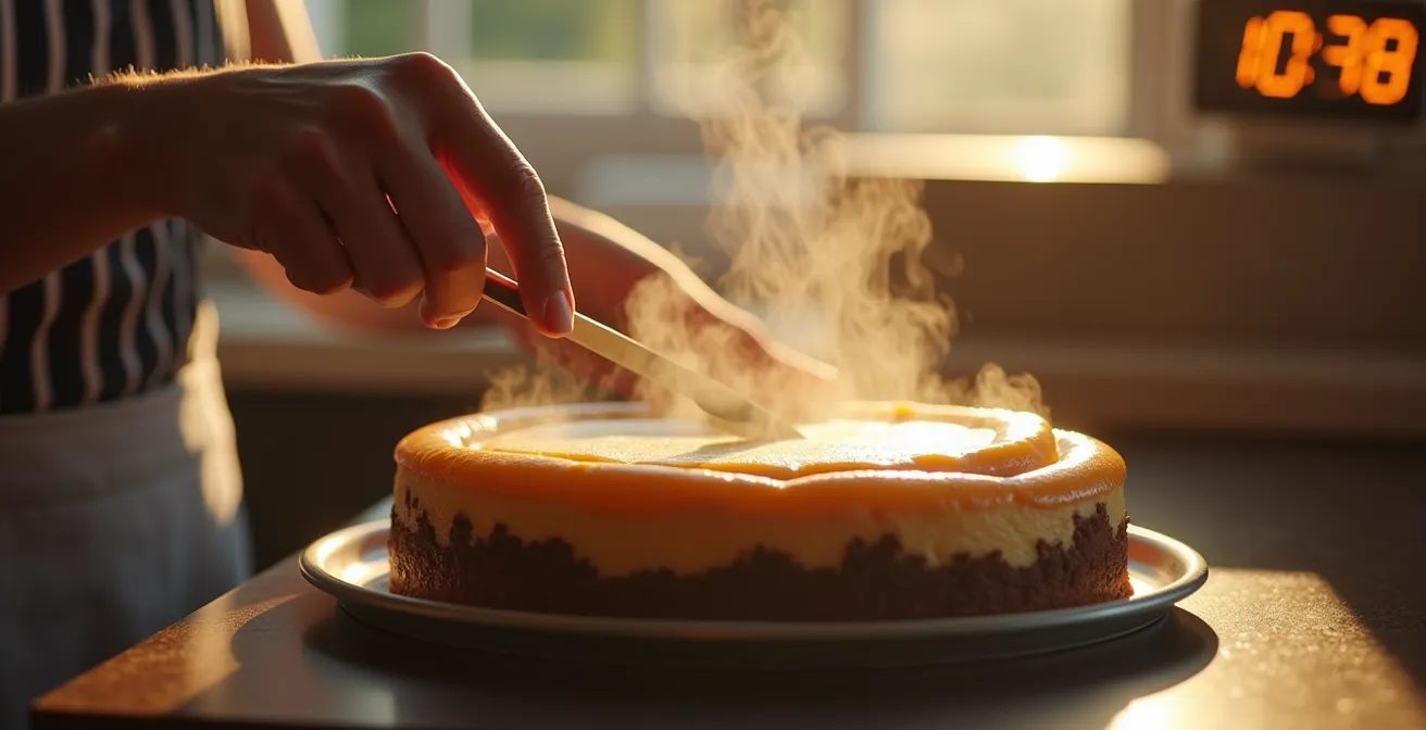 Baker's hands carefully running a knife around the edge of a freshly baked, crack-free chocolate cheesecake to release it from the pan.